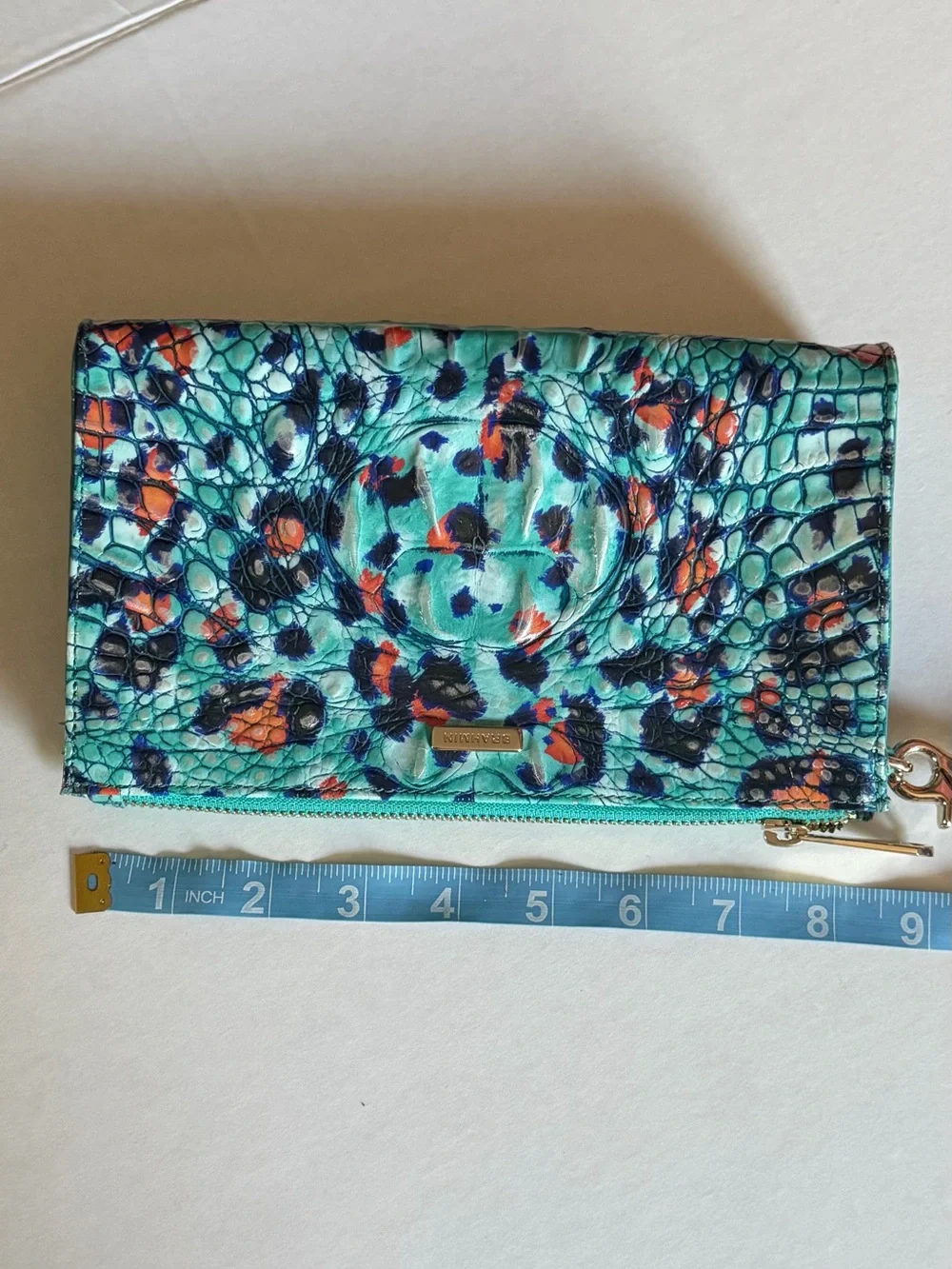 Brahmin Melbourne Daisy Lg Zip Wristlet Frisky Blue Orange Croc Embossed Leather